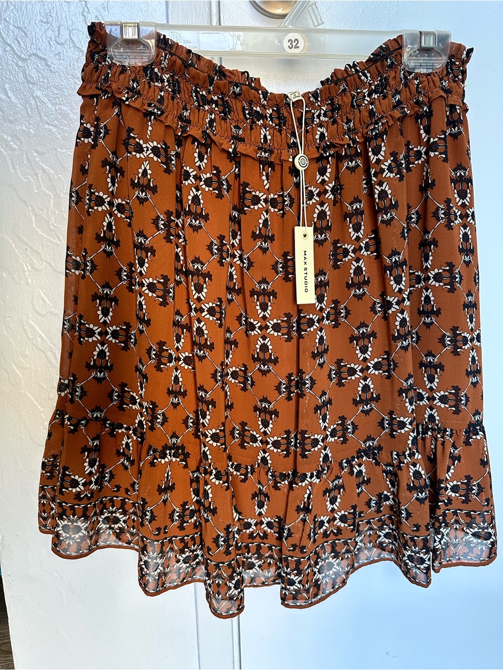 Max Studio Burnt Orange Floral Smocked Waist Skater Skirt
